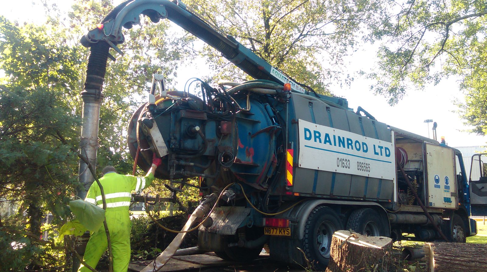 Drainrod Ltd's Aquavac deep lift unit cleaning drainage lines in Newport at a commercial site